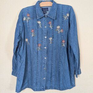 VTG 90s Willow Ridge Denim Button up Shirt Women's 1X Floral Embroidered Cottage